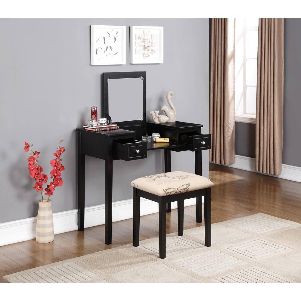 Linon Home Decor Black Bedroom Vanity Table with Butterfly Bench