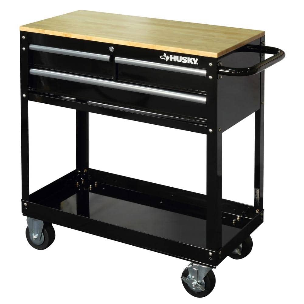 Husky 36 in. 3-Drawer Rolling Tool Cart with Wood Top 