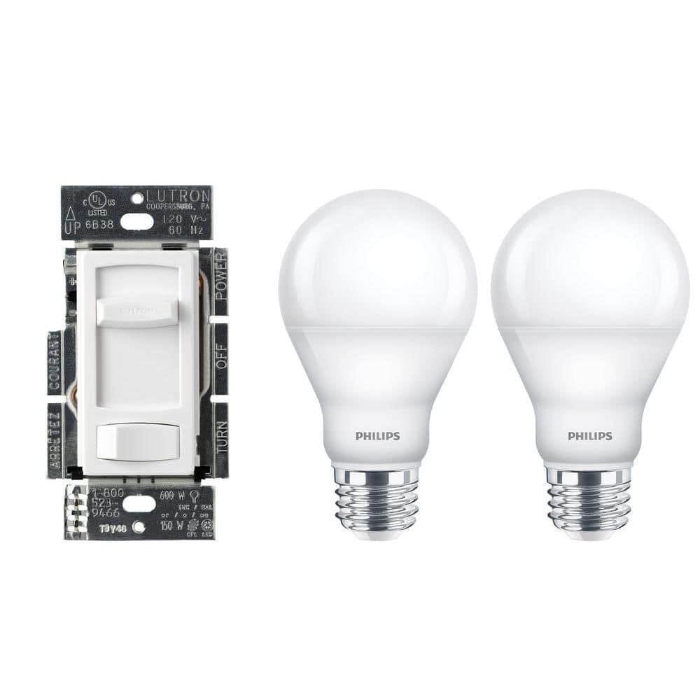 Lutron Skylark Contour LED Dimmer with 2 Philips A19 LED Light Bulbs