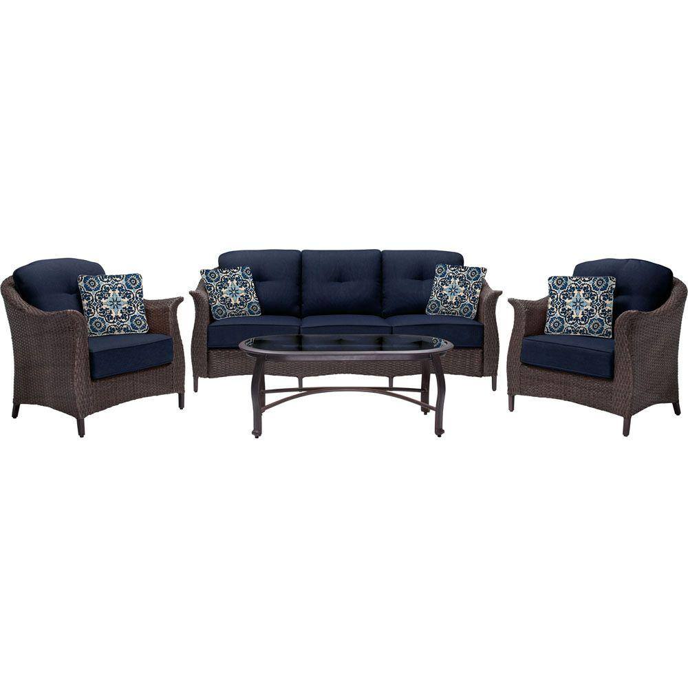Hanover Gramercy 4-Piece All-Weather Wicker Patio Seating Set with Navy