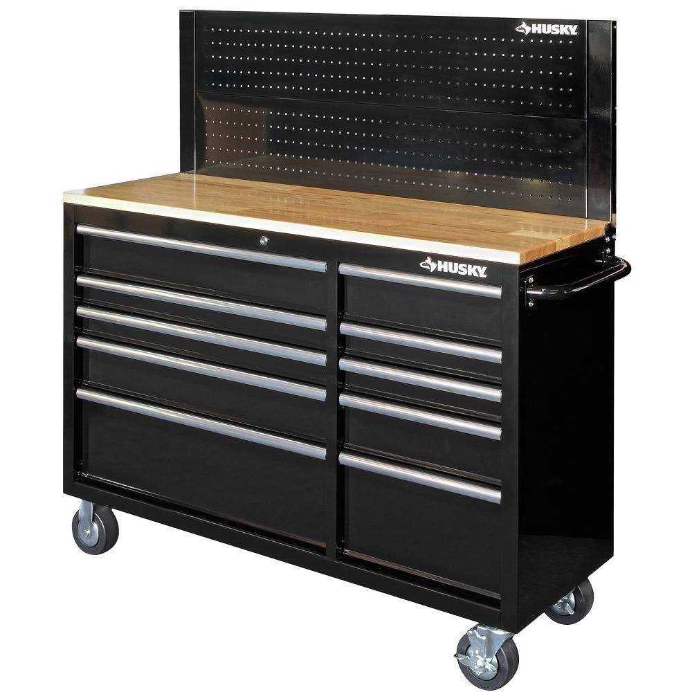 Husky 52 in. 10Drawer Mobile Workbench with Pegboard Back