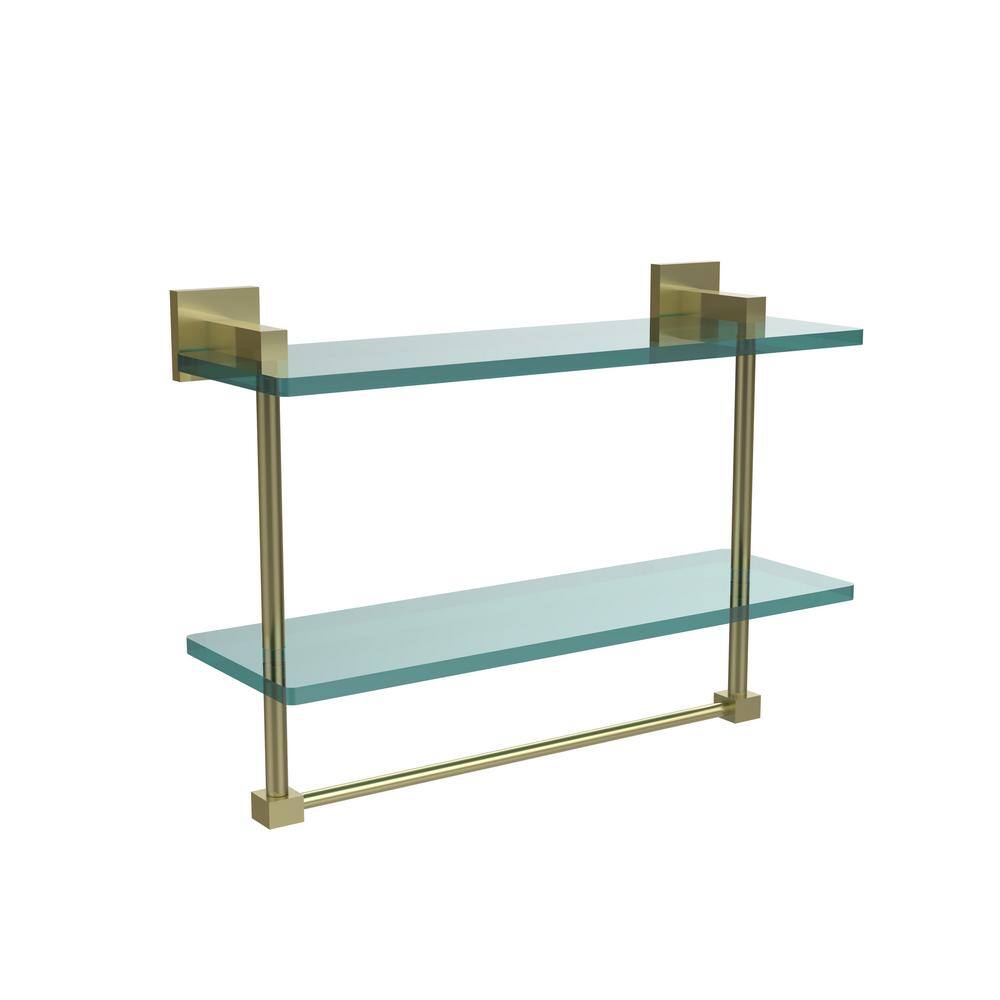  16 in. 2-Tier Glass Shelf with Integrated Towel Bar in Satin Brass