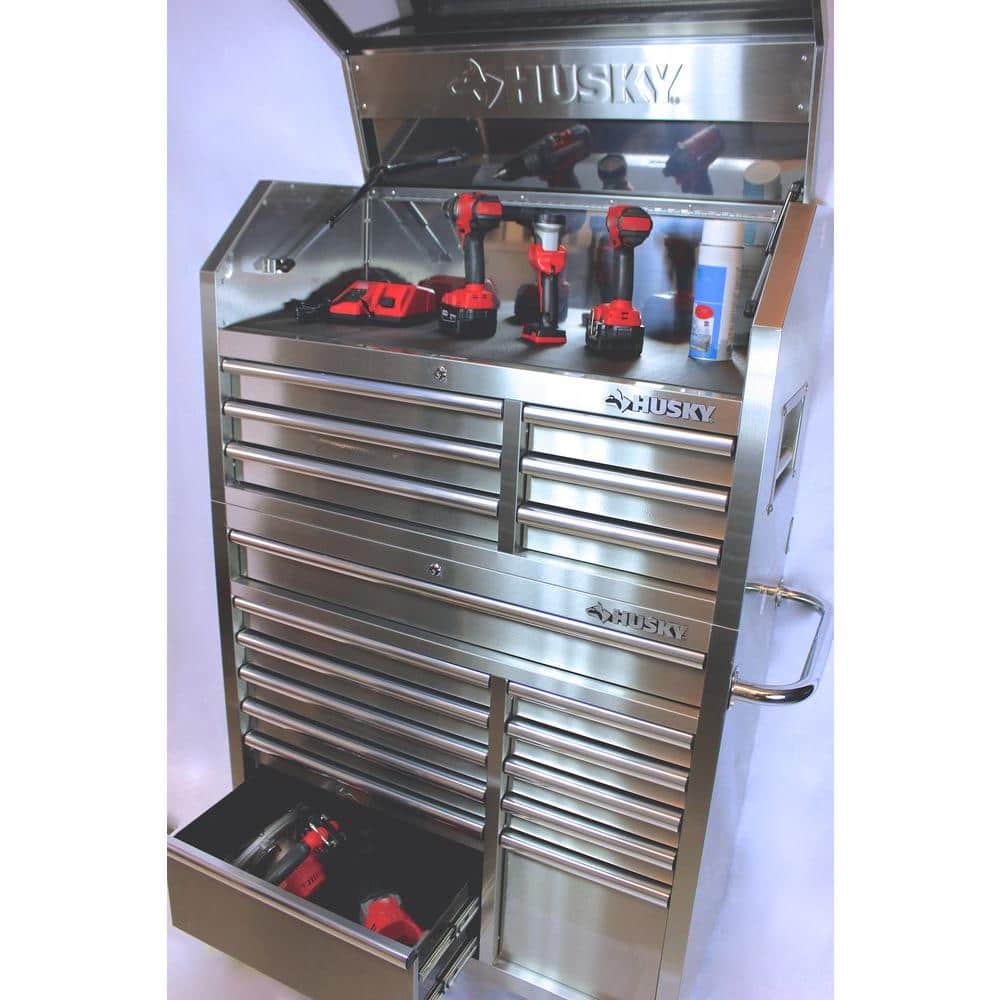 Husky 18 Drawer Stainless Steel Tool Chest and Rolling Tool Cabinet Set Husky Stainless Steel Tool Box