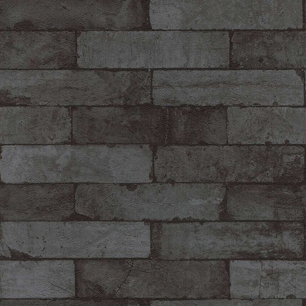 Washington Wallcoverings Black on Charcoal Gray Faux Brick Vinyl