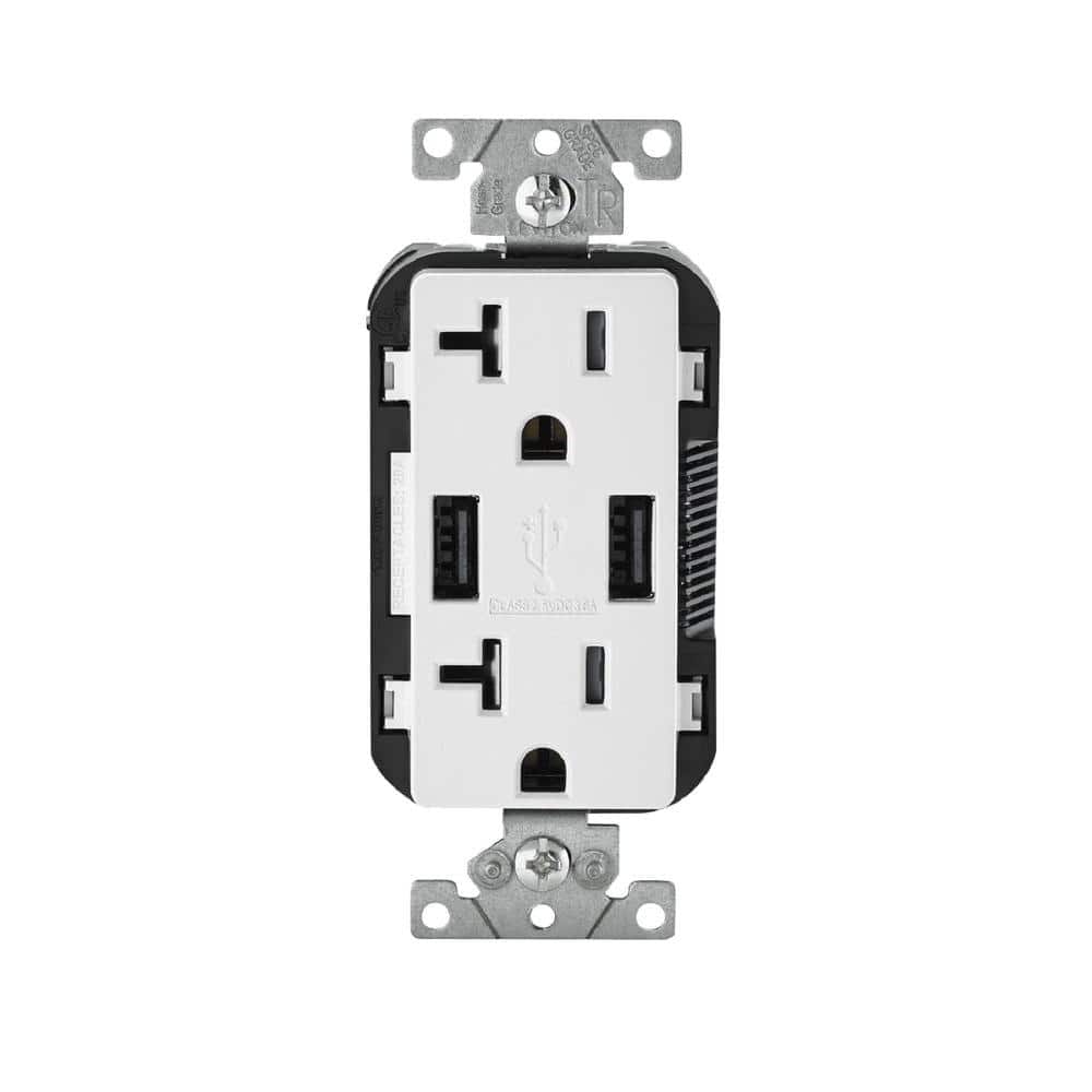 Leviton Decora 20 Amp 125-Volt Combination Duplex Outlet and USB Charger, White-R02-T5832-0BW ...