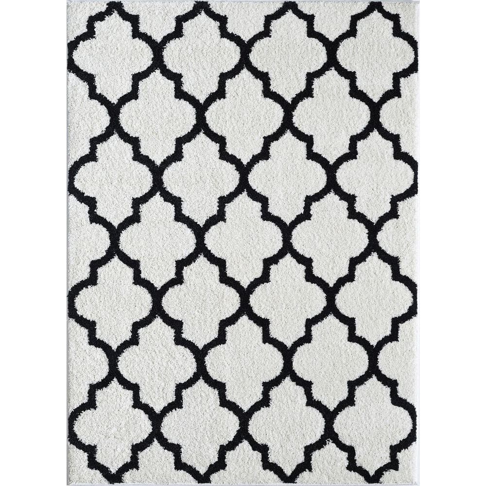 Tayse Rugs Modern Shag White Black 5 ft. 3 in. x 7 ft. 3 in. Contemporary Area RugMDR1004 White
