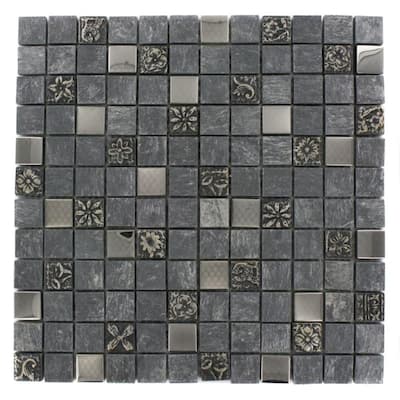 Splashback Glass Tile Tapestry 12 in. x 12 in. Marble Glass And Metal Mosaic Floor and Wall Tile OPIUM BLEND