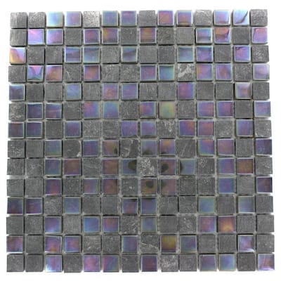 Splashback Glass Tile Tectonic Squares Black Slate and Rainbow Black 12 in. x 12 in. Glass Floor and Wall Tile TECTONIC SQUARES BLACK SLATERAINBOWBLACK