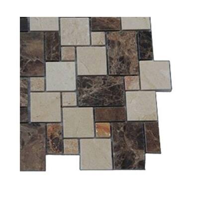 Splashback Glass Tile Parisian Crema Marfil and Dark Emperador Blend Marble Floor and Wall Tile - 6 in. x 6 in. Tile Sample L4D4 MARBLE MOSAIC TILE
