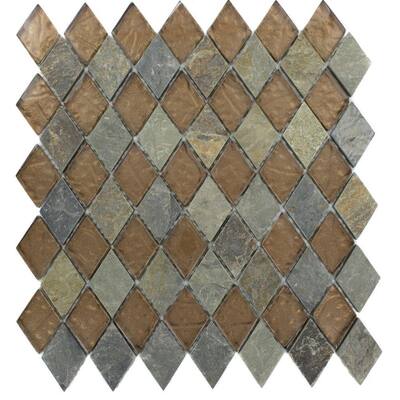 Splashback Glass Tile Tectonic Diamond Multicolor Slate and Bronze 11 in. x 12 in. Glass Floor and Wall Tile TECTONIC DIAMONDMULTICOLORSLATEBRONZE2X3