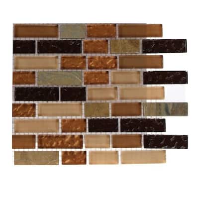 Splashback Glass Tile 6 in. x 6 in. Sample Size Golden Trail Blend Bricks 1/2 in. x 2 in. Marble And Glass Mosaics Bricks Sample R4C6