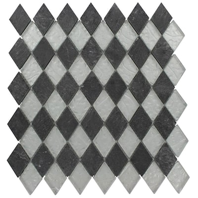 Splashback Glass Tile Tectonic Diamond Black Slate and Silver 11 in. x 12 in. Glass Floor and Wall Tile TECTONIC DIAMOND BLACK SLATE & SILVER