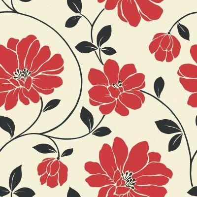 '20.5 In. W Red, Black and Cream Large Scale Modern Floral Wallpaper