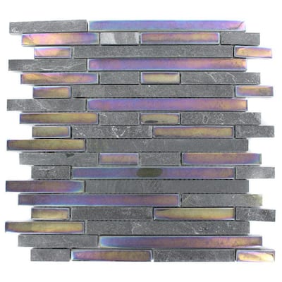 Splashback Glass Tile Tectonic Harmony Black Slate And Rainbow Black 12 in. x 12 in. Glass Mosaic Floor and Wall Tile GEO HARMONY BLACK SLATE RAINBOW