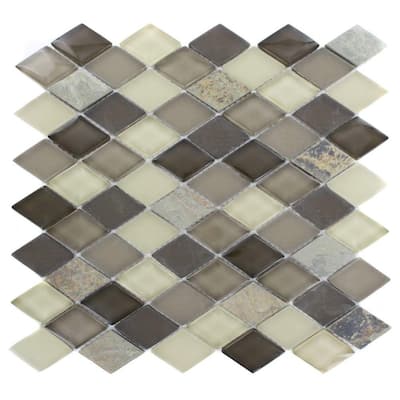 Splashback Glass Tile Tectonic Diamond Multicolor Slate and Khaki Blend 11 in. x 12 in. Glass Floor and Wall Tile TECTONICDIAMONDMULTICOLORSLATEKHAKIBLEND