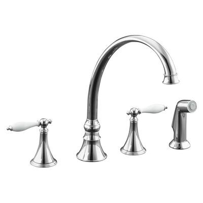 KOHLER Kitchen Faucets. Finial 4-Hole 2-Handle Side Sprayer Kitchen Faucet in Polished Chrome with White Inserts