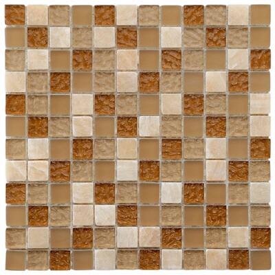 SomerTile Sierra 11-3/4 x 11-3/4 Glass and Stone Square Mosaic in Amber