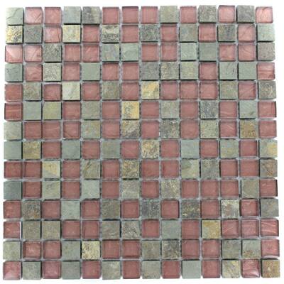 Splashback Glass Tile Tectonic Squares Multicolor Slate And Rust12 in. x 12 in. Glass Mosaic Floor and Wall Tile GEO SQUARES SLATE RUST