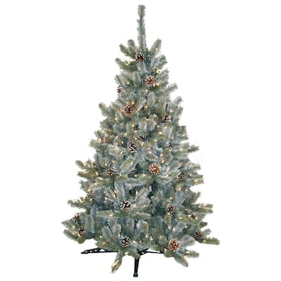 ... Frosted Pine Artificial Christmas Tree with Clear Lights and Pinecones