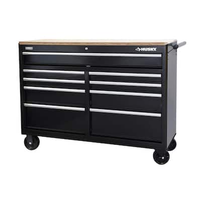 Husky 52 in. 9-Drawer Mobile Workbench with Solid Wood Top, Black 