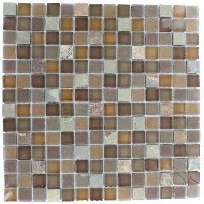 Splashback Glass Tile Tectonic Squares Multicolor Slate And Earth Blend 12 in. x 12 in. Glass Mosaic Floor and Wall Tile GEO SQUARES SLATE EARTH