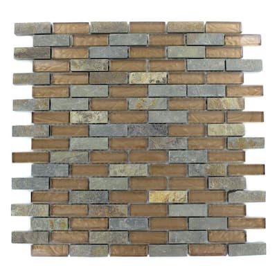 Splashback Glass Tile Tectonic Brick Multicolor Slate and Bronze 12 in. x 12 in. Glass Floor and Wall Tile TECTONIC 1/2X2BRICKMULTICOLORSLATEBRONZE
