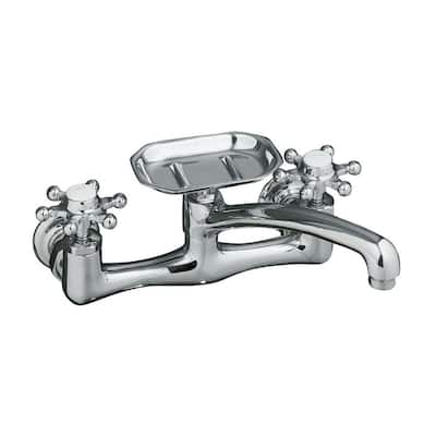 KOHLER Kitchen Faucets. Antique 8 in. Wall-Mount 2-Handle Low-Arc Kitchen Faucet in Polished Chrome with 12 in. Spout and Six-Prong Handles