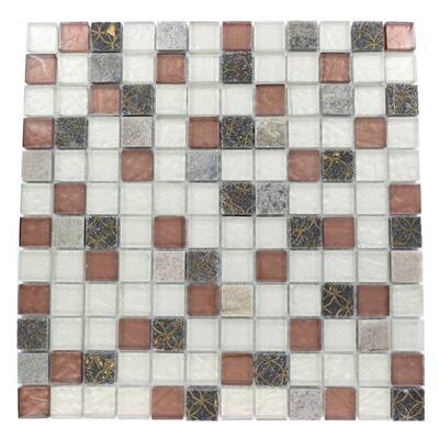 Splashback Glass Tile Blend 12 in. x 12 in. Marble And Glass Mosaic Floor and Wall Tile CARVED REDWOOD