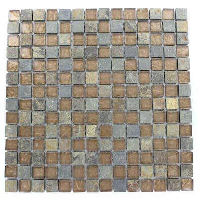 Splashback Glass Tile Tectonic Squares Multicolor Slate And Bronze 12 in. x 12 in. Glass Mosaic Floor and Wall Tile GEO SQUARES SLATE BRONZE
