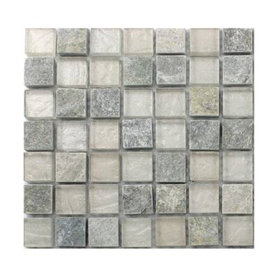 Splashback Glass Tile Tectonic Squares Green Quartz Slate And White Gold Glass Tiles - 6 in. x 6 in. Tile Sample R6B5