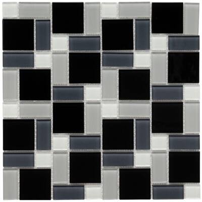 SomerTile 12x12-in View Block Black/White Glass Mosaic Tile (Case of 20)