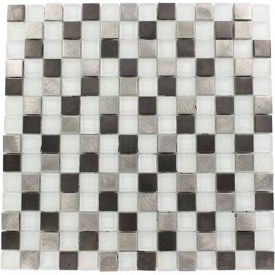 Splashback Glass Tile Square 12 in. x 12 in. Mosaic Floor and Wall Tile TETRIS STEEL ICE