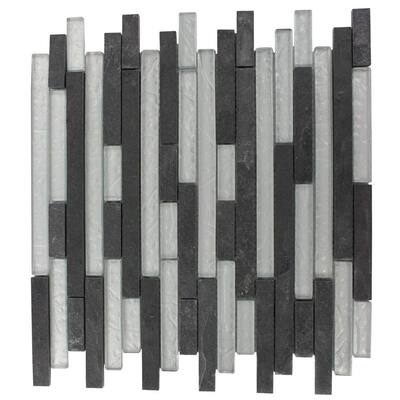 Splashback Glass Tile Tectonic Harmony Black Slate And Silver 12 in. x 12 in. Glass Mosaic Floor and Wall Tile GEO HARMONY BLACK SLATE SILVER