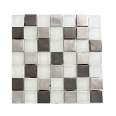 Splashback Glass Tile Tetris Steel Ice 3/4 in. x 3/4 in. Squares - 6 in. x 6 in. Tile Sample R2B7