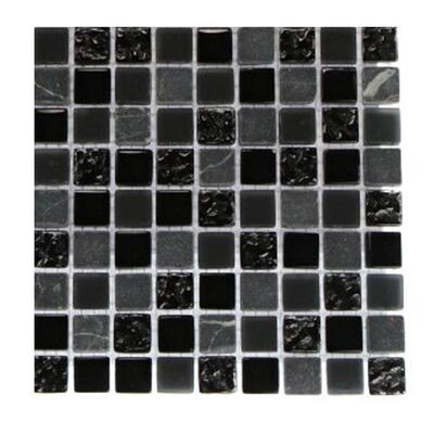 Splashback Glass Tile Metropolis Black Blend 1/2 in. x 1/2 in. Marble And Glass Tile - 6 in. x 6 in. Tile Sample R5B11
