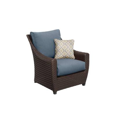 Brown Jordan Patio Furniture. Highland Patio Lounge Chair in Denim with Bazaar Throw Pillow