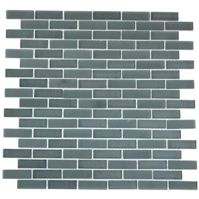 Splashback Glass Tile 12 in. x 12 in. Glass Mosaic Floor and Wall Tile CONTEMPO BLUE GRAY BRICK PATTERN