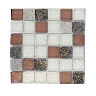 Splashback Glass Tile 6 in. x 6 in. Sample Size Carved Redwood Blend 1 in. x 1 in. Marble And Glass Tile Mosaic Tiles Sample R5B6