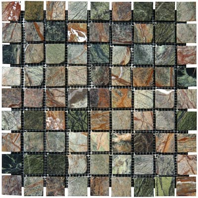M.S. International Inc. Verde Amazonia 1 in. x 1 in. Mosaic Tumbled Marble Floor & Wall Tile SMOT-RAIN-1X1-T