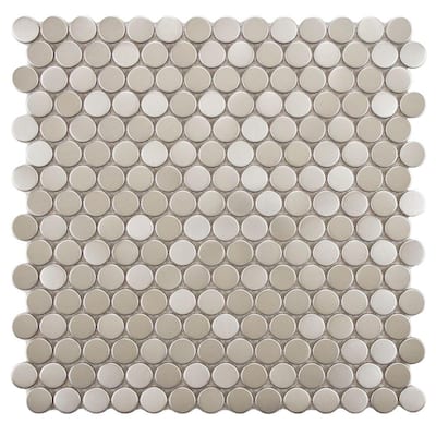 Merola Tile Meta Penny 11-3/4 in. x 11-3/4 in. Stainless Steel Over Porcelain Mosaic Wall Tile MDXMPBST