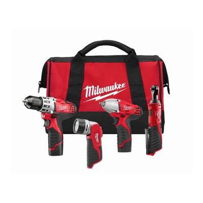 Milwaukee M12 12-Volt Lithium-Ion Cordless Drill Driver/Impact Wrench/Ratchet/Light Combo Kit (4-Tool) 2493-24