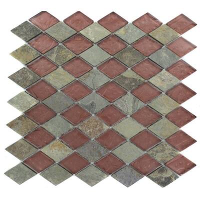 Splashback Glass Tile Tectonic Diamond Multicolor Slate And Rust 12 in. x 12 in. Glass Mosaic Floor and Wall Tile GEO DIAMOND SLATE RUST