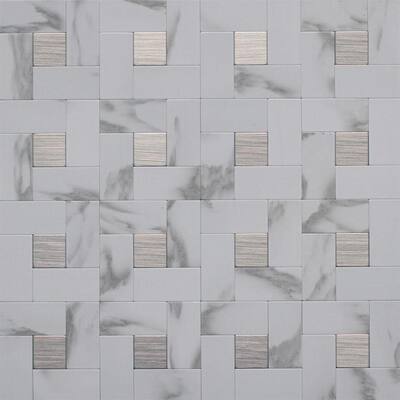 Instant Mosaic 12 in. x 12 in. Peel and Stick Faux White Marble and Brushed Stainless Metal Wall Tile EKB-03-108