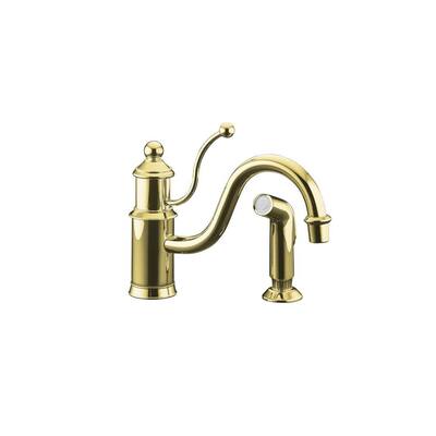 KOHLER Kitchen Faucets. Antique Single-Hone 1-Handle Low-Arc Kitchen Faucet with Sidespray in Vibrant Polished Brass