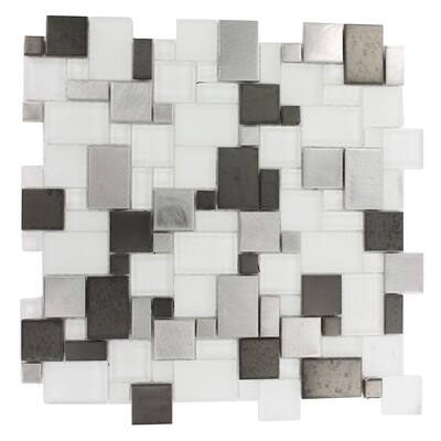 Splashback Glass Tile Pattern 12 in. x 12 in. Mosaic Floor and Wall Tile TETRIS STEEL ICE PARISIAN