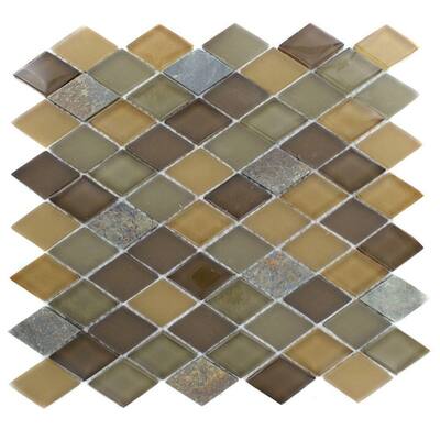 Splashback Glass Tile Tectonic Diamond Multicolor Slate And Earth Blend 12 in. x 12 in. Glass Mosaic Floor and Wall Tile GEO DIAMOND SLATE EARTH