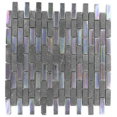 Splashback Glass Tile Tectonic Brick Black Slate And Rainbow Black 12 in. x 12 in. Glass Mosaic Floor and Wall Tile GEO BRICK SLATE RAINBOW