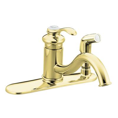 KOHLER Kitchen Faucets. Fairfax Single-Hole 1-Handle Low-Arc Kitchen Faucet with Sidespray and Escutcheon in Vibrant Polished Brass