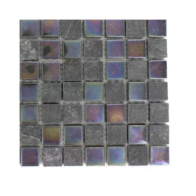 Splashback Glass Tile Tectonic Squares Black Slate and Rainbow Black Sample Size 6 in. x 6 in. Glass Floor and Wall Tile R6B1 STONE MOSAIC TILE