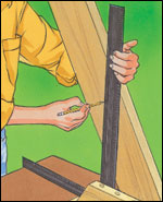 Lay one arm of a framing square on the table top and mark the position of the bench supports on the legs
